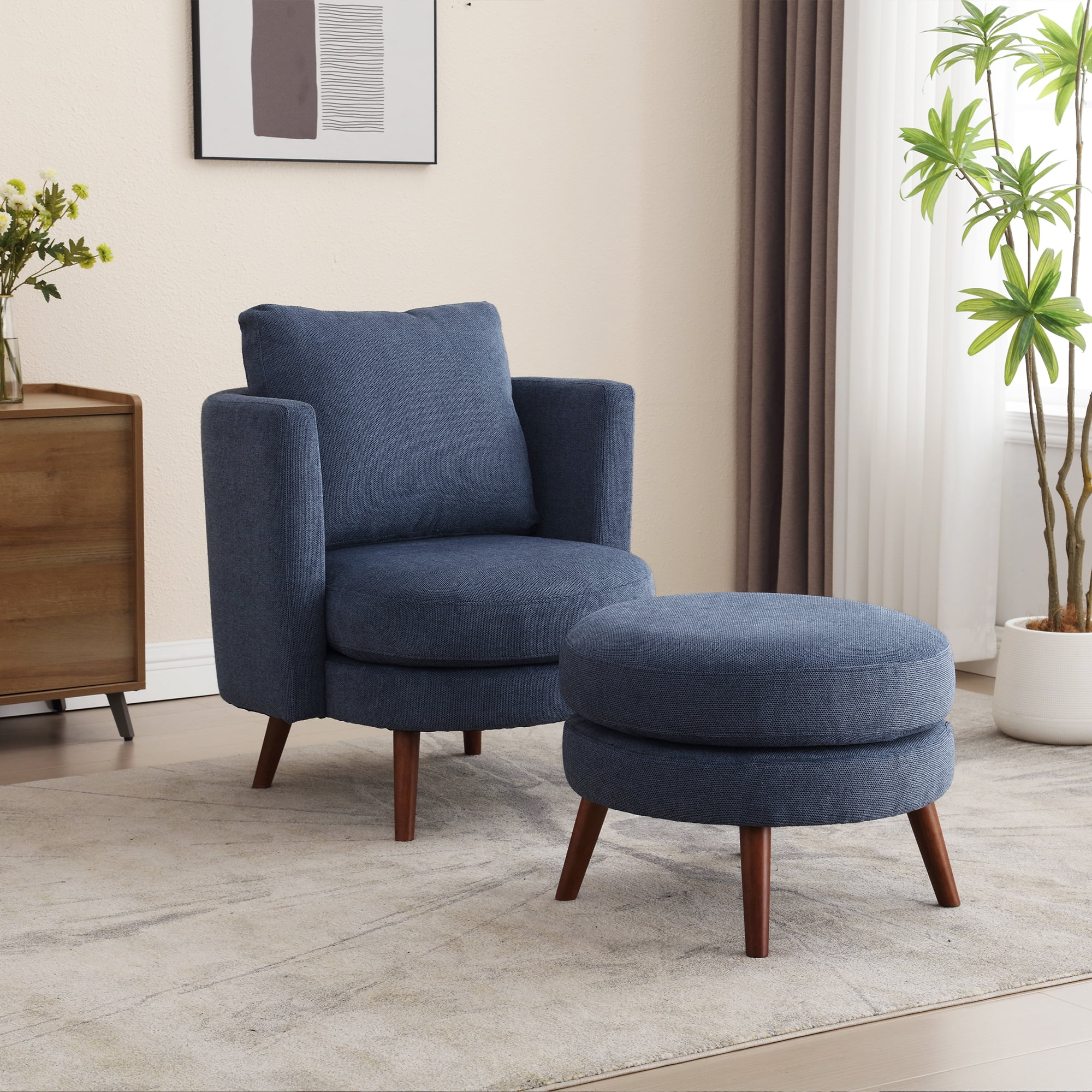 30.7"W Accent Chair with Ottoman,Upholstered Single Sofa with Throw Pillow & High Armrest,Comfort Reading Chair with Wooden Leg for Living Room Bedroom Dorm Room Office,Navy