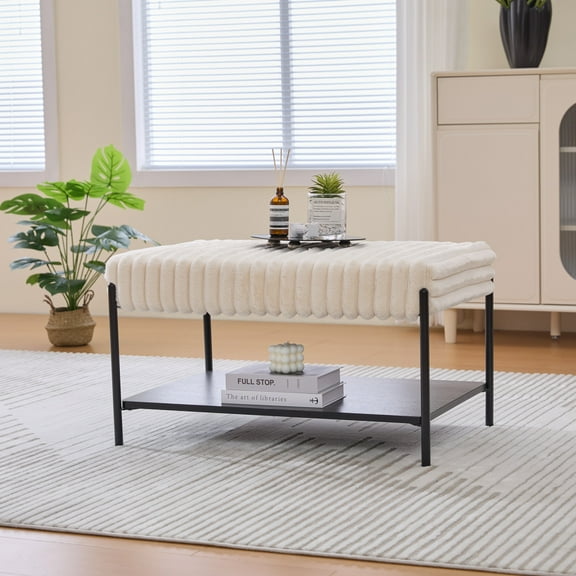 30.7" Wide Multi-Functional Foldable Foot Rest, Upholstered Coffee Table with Black Metal Legs , Wooden Storage Shelf,Faux Fur Foot Stool for Living Room Bedroom Entryway Hotel,Beige