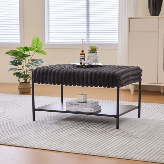 30.7" Wide Multi-Functional Foldable Foot Rest, Upholstered Coffee Table with Black Metal Legs , Wooden Storage Shelf,Faux Fur Foot Stool for Living Room Bedroom Entryway Hotel,Charcoal