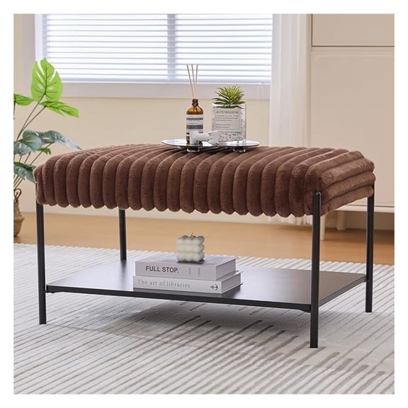 30.7" Wide Storage Ottoman, Faux Fur Upholstered Ottoman Coffee Table with Metal Legs, Multifunctional Stool Chair with Open Storage Shelf, Ottoman Chair for Bedroom, Entryway (Brown)
