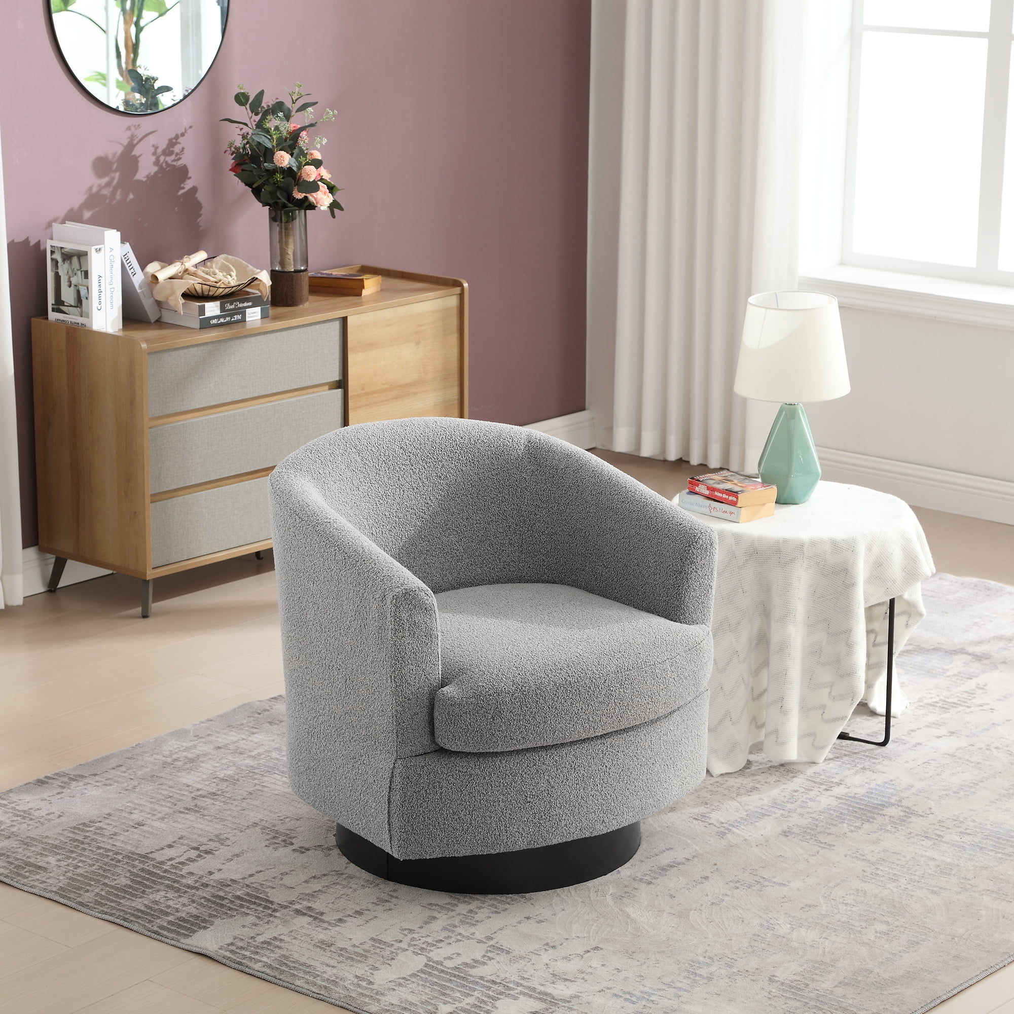 30.7'' boucle swivel accent chair, Modern round armchair for bedroom ...