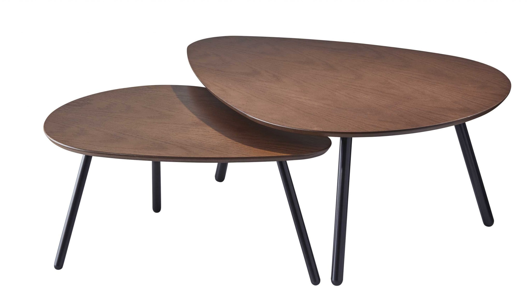 Walnut Oak Veneer Round Nesting Coffee Table with Matte Black Legs