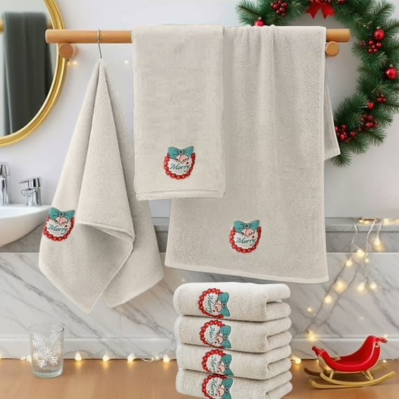 30.71x13.39 Inch 4-Piece Christmas Themed Embroidered Cotton Towel Set Gray Black Beige White for Household Bathroom (Beige)
