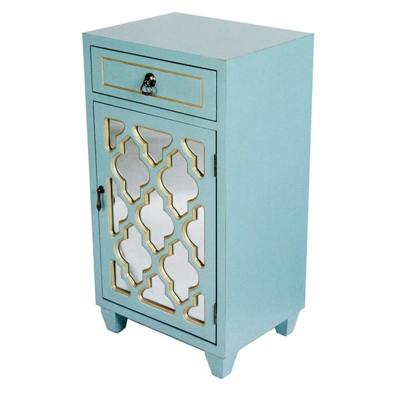 30.75' Light Blue Wood Mirrored Glass Accent Cabinet with a Drawer and a Door