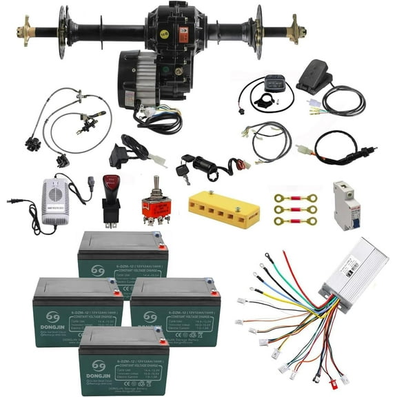30''/760mm Rear Axle Kit 48V 1000W Electric Motor Differential Gearbox & 1800W Brushless Controller with 4pcs 12V 12Ah 6-DZM-12 Battery for Go Kart Electric Bike Scooter Buggy 4 Wheelers