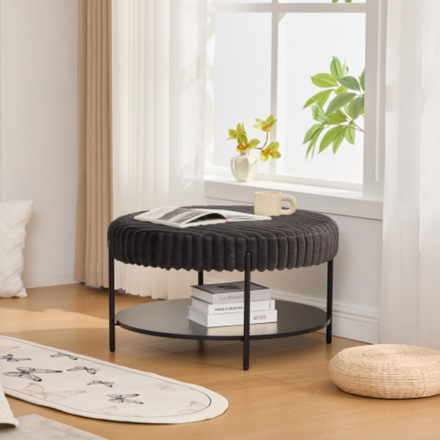 30.9" Round Upholstered Ottoman Coffee Table, Faux Fur Foot Stool with Open Storage Shelf & Black Metal Legs, Charcoal Footrest Ottoman