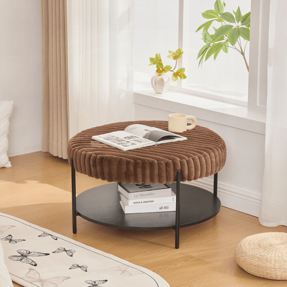 30.9" Wide Upholstered Round Ottoman Coffee Table with Black Metal Legs & Wooden Shelf - Faux Fur Footstool for Multiple Spaces