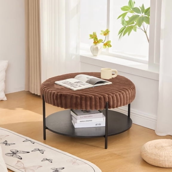 30.9030.9017.70 Inch Round Faux Fur Upholstered Ottoman, Open Wooden Storage Shelf & Black Metal Legs, Multi-use Foot Rest Coffee Table Stool for Living Room Bedroom Entryway Hotel Brown