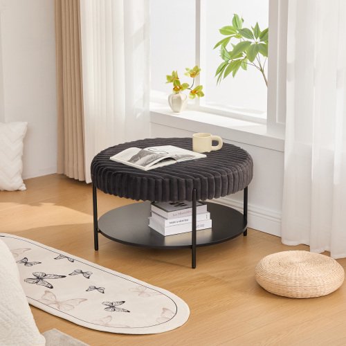 30.9030.9017.70 Inch Round Faux Fur Upholstered Ottoman, Open Wooden Storage Shelf & Black Metal Legs, Multi-use Foot Rest Coffee Table Stool for Living Room Bedroom Entryway Hotel Charcoal