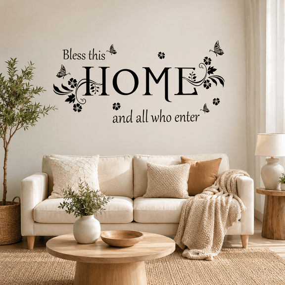 3090cm Bless This Home Wall Sticker with Elegant Black Script, Floral and Butterfly Accents
