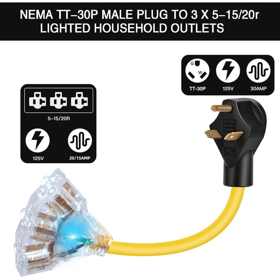 30 Amp to 110V 20 Amp RV Power Distribution Adapter, NEMA TT-30P Male to 3 5-20R/15R Female, 30 Amp to 15 Amp RV Adapter Extension Cord, 3 Plug to LIT 3 Way Outlet Splitter with Glow End, for RV Gene