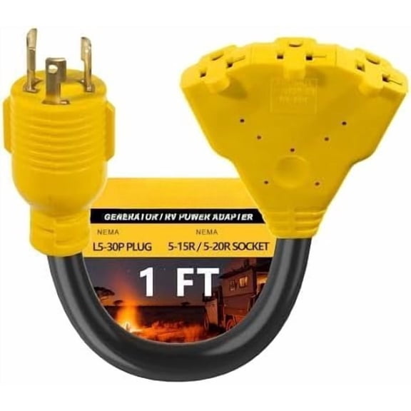 30 Amp to 110V Generator Adapter - NEMA L5-30P Male to 3 of 5-20R/5-15R Female, 3-Prong Twist Lock Plug with ETL Listed, Heavy-Duty 1FT Power Adapter Plug Cord for RV, Household, Outdoor Use