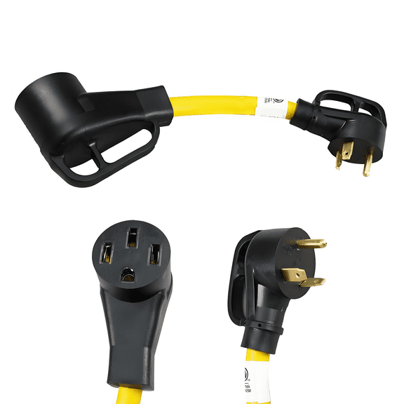 HIITIO 30 Amp to 50 Amp RV Generator Adapter Cord, 1FT NEMA TT-30P to NEMA 14-50R Adapter, 3 Prong 30A 125V Power Adapter, Heavy Duty for RV, Grip Handle 3750W STW 3/C 10AWG, Yellow, ETL Listed