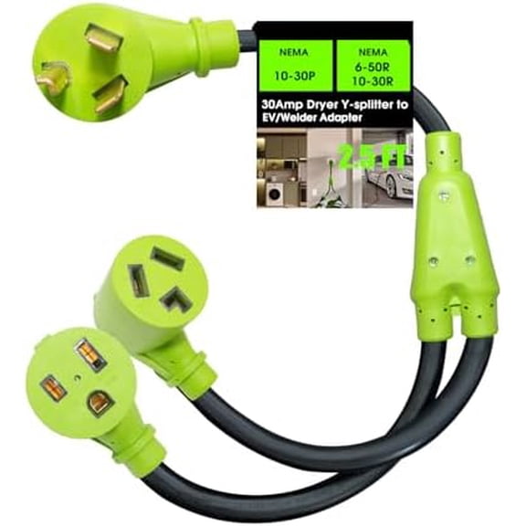 30 Amp 120/240V Y Splitter for Dryer and Welder, 3 Prong NEMA 10-30P to 10-30R/6-50R Splitter Cord, Adapter for 6-50P Welder and Older Homes Dryer, Electric Ranger, STW 3/10 AWG, 2.5FT