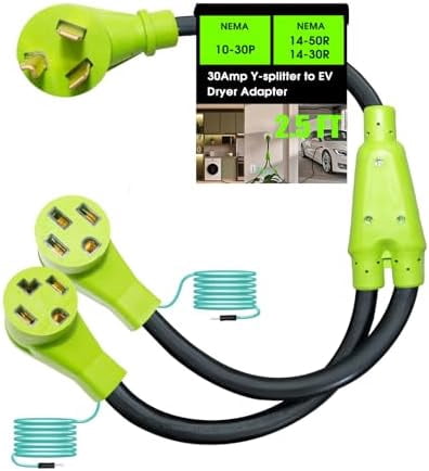 30 Amp 240V Y Splitter for Dryer and EV Charger, 3 Prong NEMA 10-30P to 14-30R/14-50R Dryer Adapter, Adapter for 14-50P EV Charging and Modern Standard Dryers,STW 3/10 AWG, 2.5FT