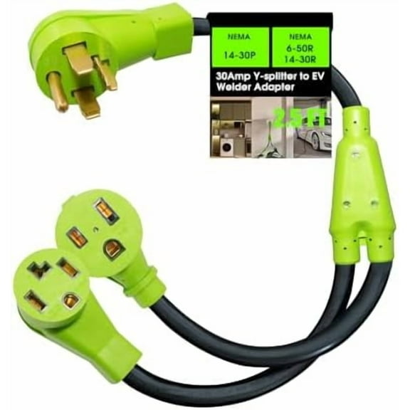 30 Amp 240V Y Splitter for Dryer and Welder, NEMA 14-30P to 14-30R/6-50R Dryer Adapter, Adapter for 6-50 Welder/EV Charging, Extension Cord for 14-30 Dryers, STW 3/10 AWG, 2.5FT