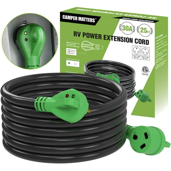 30 Amp 25 FT RV Power Extension Cord with Reverse Polarity LED Light, TT-30P to TT-30R, Heavy Duty PVC Jacket, Easy Plugin Handle, Colorful Storage Bag, and Plastic Strap Organizer