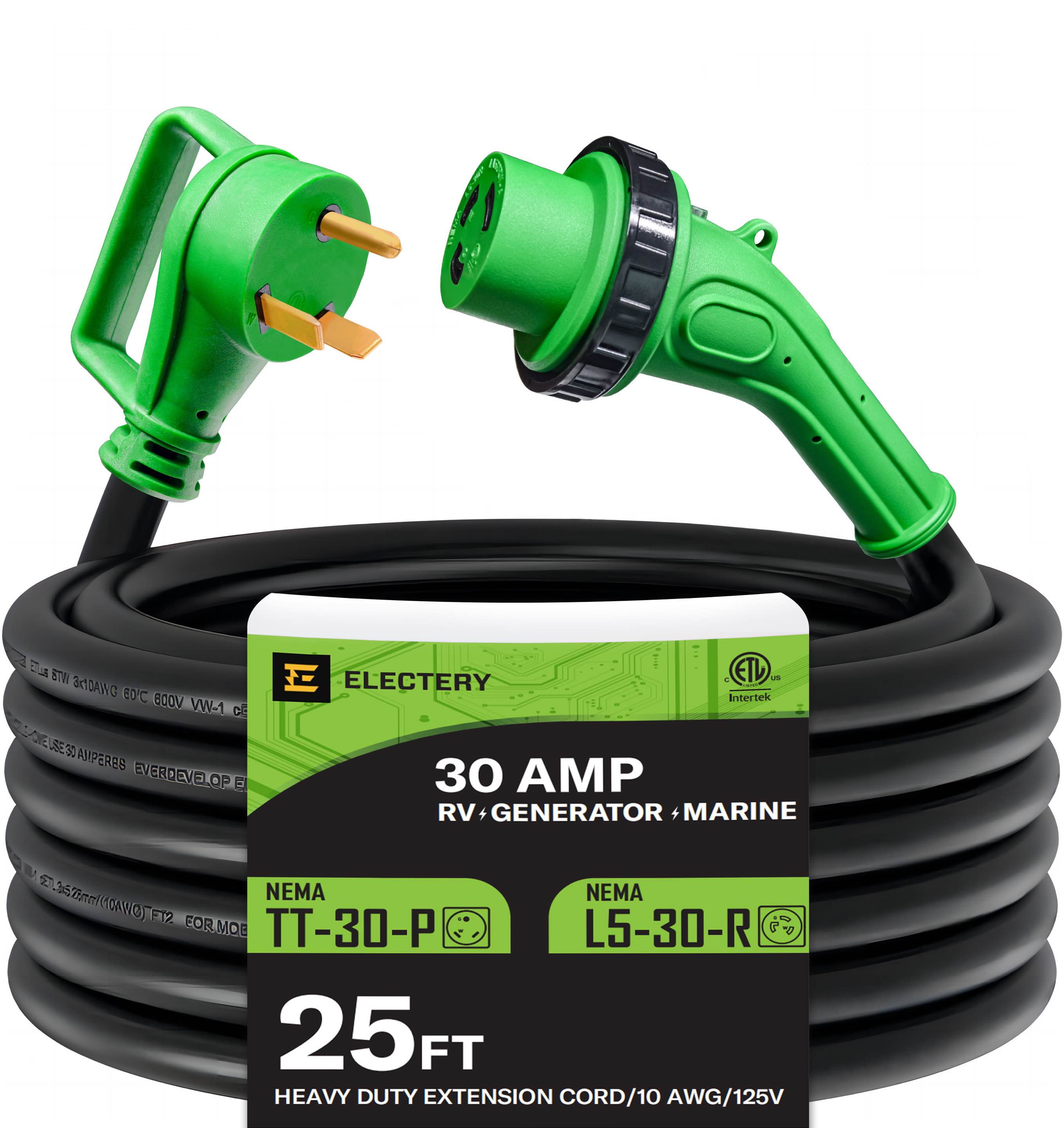 30 Amp 25 Ft RV Power Extension Cord NEMA TT-30P to L5-30R with Twist Locking Adopter, Heavy Duty STW Cord 3 Prong 10 Gauge for RV, Marine, Generator. ETL Listed