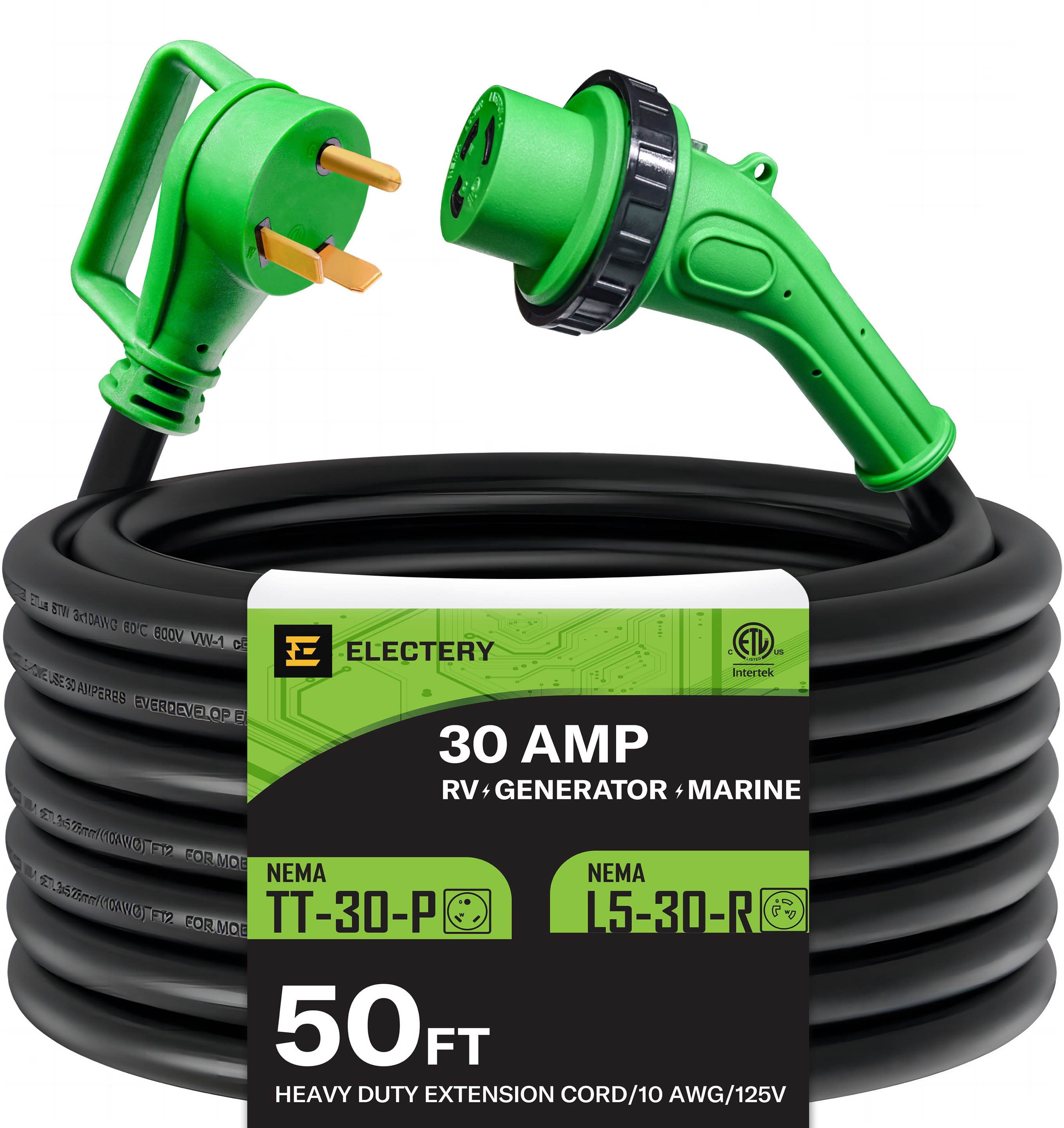 30 Amp 50 Ft RV Power Extension Cord NEMA TT-30P to L5-30R with Twist Locking Adopter, Heavy Duty STW Cord 3 Prong 10 Gauge for RV, Marine, Generator. ETL Listed
