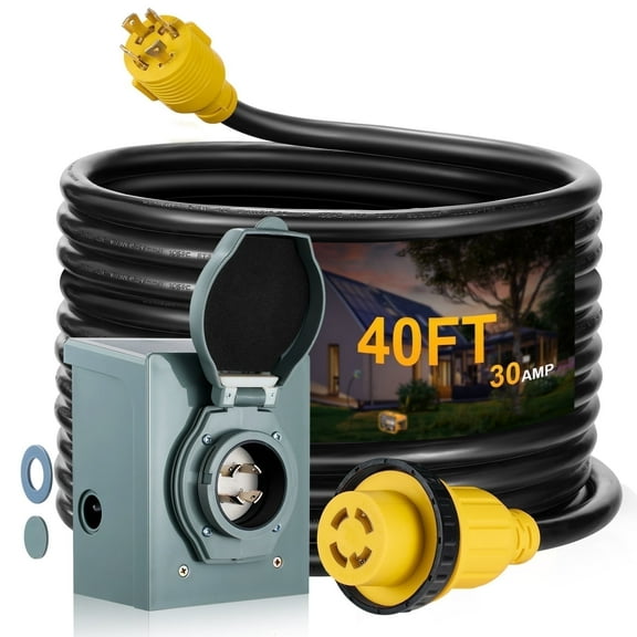 SPEEDWOW 40 FT 30 Amp RV Extension Cord, 125/250V Heavy Duty Extension Cord with Generator Inlet Box, SJTW 4X10AWG ETL Listed, NEMAL14-30P to 14-30R, Waterproof Power Cord for RV Outdoor Home