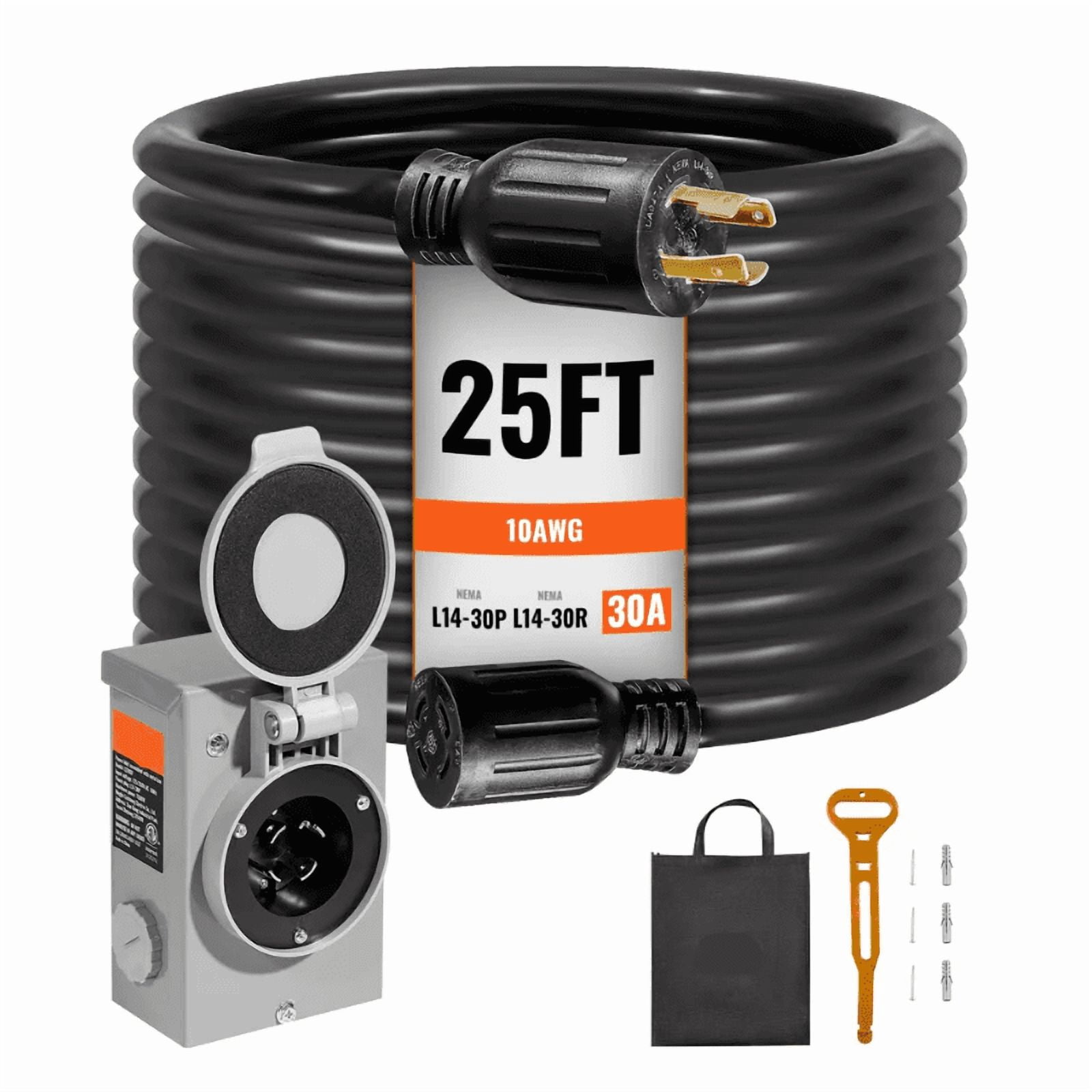 30 Amp Generator Cord & Inlet Box Kit 25FT Extension Cord NEMA L14-30P
