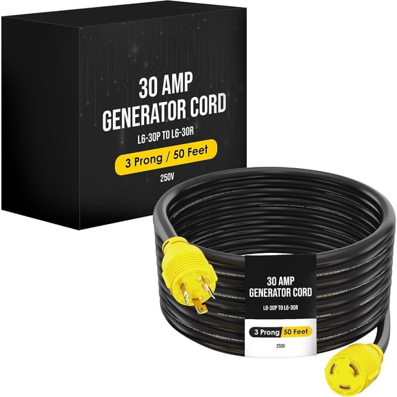 30 Amp Generator Cord, L6-30 Extension Cord, L6-30R, L6-30P, Generator , 3 Prong, 250V Extension, 30amp, NEMA, Twist Lock, Power , for House, RV, , 10 Gauge, 250 , 50 FT