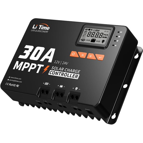 30 Amp MPPT 12V/24V/Auto DC Input Solar Charge Controller Build-in Bluetooth Module, Parameter Adjustable LCD Display LED Indicators Solar Panel