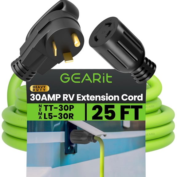 30 Amp RV Extenson Cord, GE (25 Feet) 3-Prong 125/250-Volt 10/3 STW 10AWG Gauge SJTW Lockng Cable, NEMA TT-30P to L5-30R, RV Outdoor Camper Traler Portable Generator Power Cord- 25ft