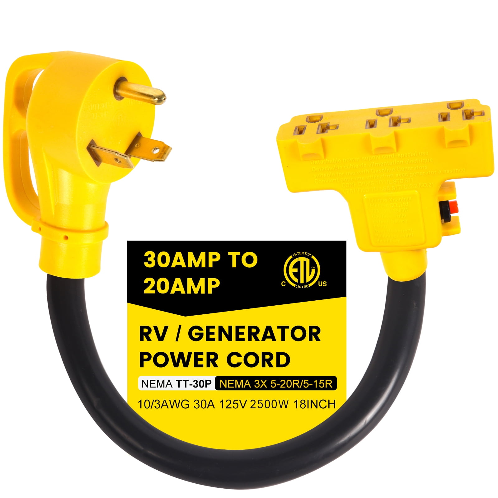 30 Amp to 110V RV Generator Distribution Adapter, 30 Amp to 15 Amp/20 Amp Adapter, NEMA TT-30P Male to 3x5-15R/20R Household Outlet Female, 1.5FT