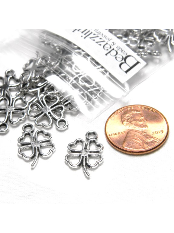 30 Antique Silver Plated Open 4 Leaf Clover Lucky St. Patrick's Day 5/8 inch Metal Pendant Shamrock Charms with Four Hollow Leaves