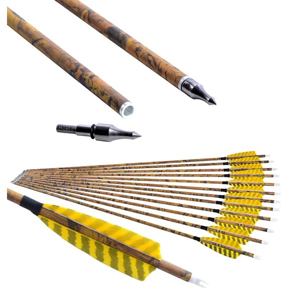 30” Archery Carbon Arrows Hunting Arrows with 4” Turkey Feather Removable Tips Targeting Practice Arrows 500 Spine for Compound & Recurve & Traditional Bow 6/12pcs