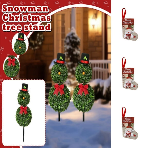 30" Artificial Christmas Snowman Topiary Tree with Red Bow & Black Hat Topiary Snowman for Indoor Outdoor Home Porch Christmas Decor (2 Balls)