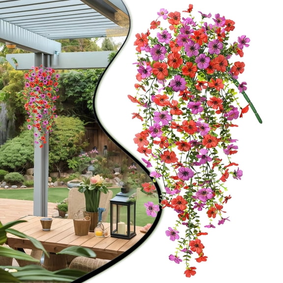 30" Artificial Hanging Flowers Plants for Outdoor Fall Decoration, Look Real for Outside Home, Indoor Planter, Porch, Window, Yard Mums Autumn Decor, Artificial Eucalyptus & Violet Vine, Red & Purple