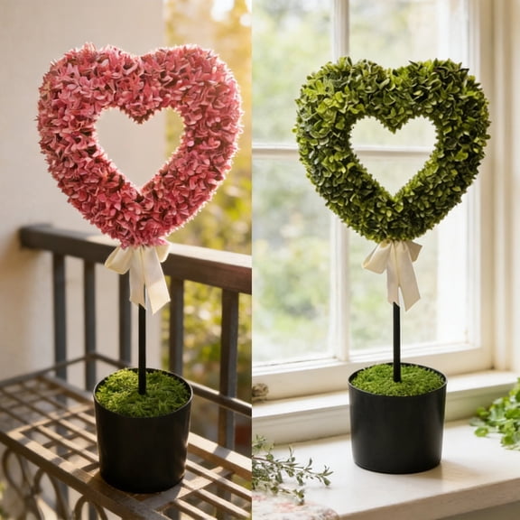 30" Artificial Heart Topiary, Valentine's Day Heart Shaped Topiary Trees, Faux Boxwood Decoration Ball Tree with Planter Pots for Indoor Outdoor Home Porch Decor(Pink)