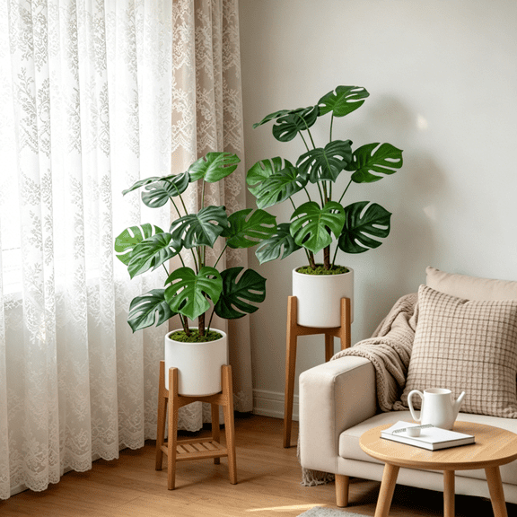 30'' Artificial Monstera Deliciosa, Faux Tropical Plant for Home Decor with White Planter, 2 pcs / set WL