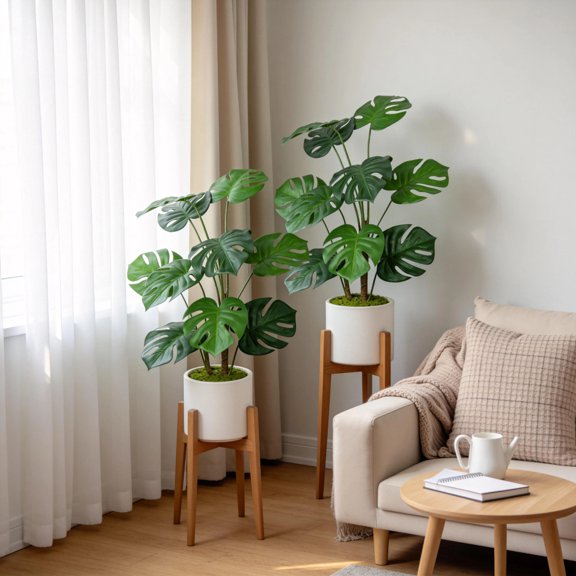 30'' Artificial Monstera Deliciosa Plant with White Pot, 2 pcs / set