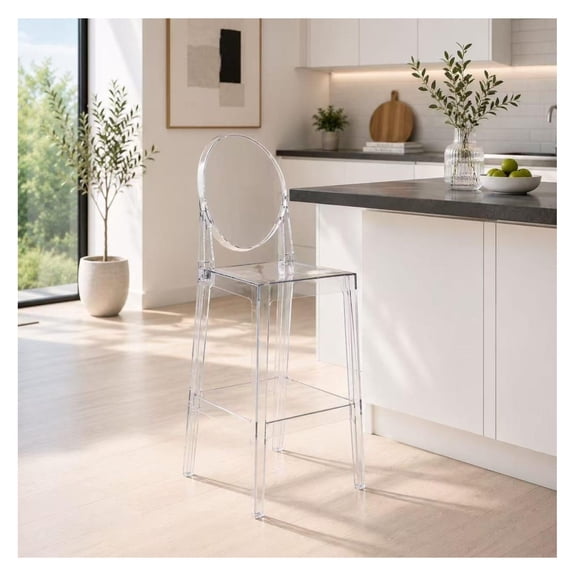 30" Bar Height Stool | Oval Back Transparent Ghost Chair | Armless Polycarbonate Barstool with Footrest for Kitchen Island & Dining (Clear)