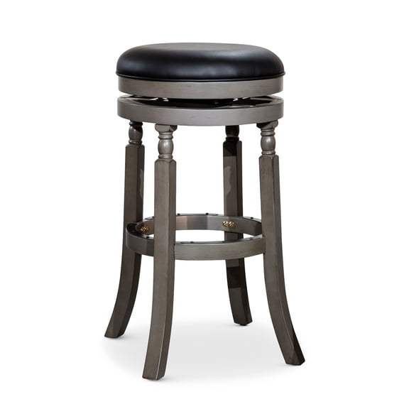 30" Bar Stool, Gray Finish, Black Leather, Comfortable Swivel / Improve Your Bar's Ambiance