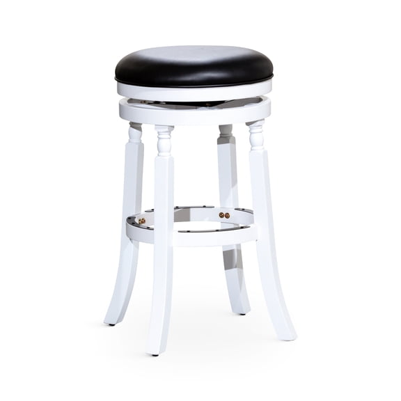 30" Bar Stool In White Finish, Bonded Leather Seat Black, Strong Chair Build Black Seat, Robust Construction, Swivel
