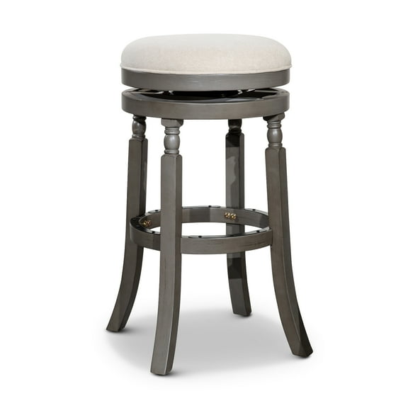 30" Bar Stool With Weathered Gray Look, Beige Fabric Seat Insert, Hardwood Base, 360-degree Swivel, 12" Footrest Height, 300 Lbs Weight Tolerance And Appeal - Transform Your Or Counter Swivel
