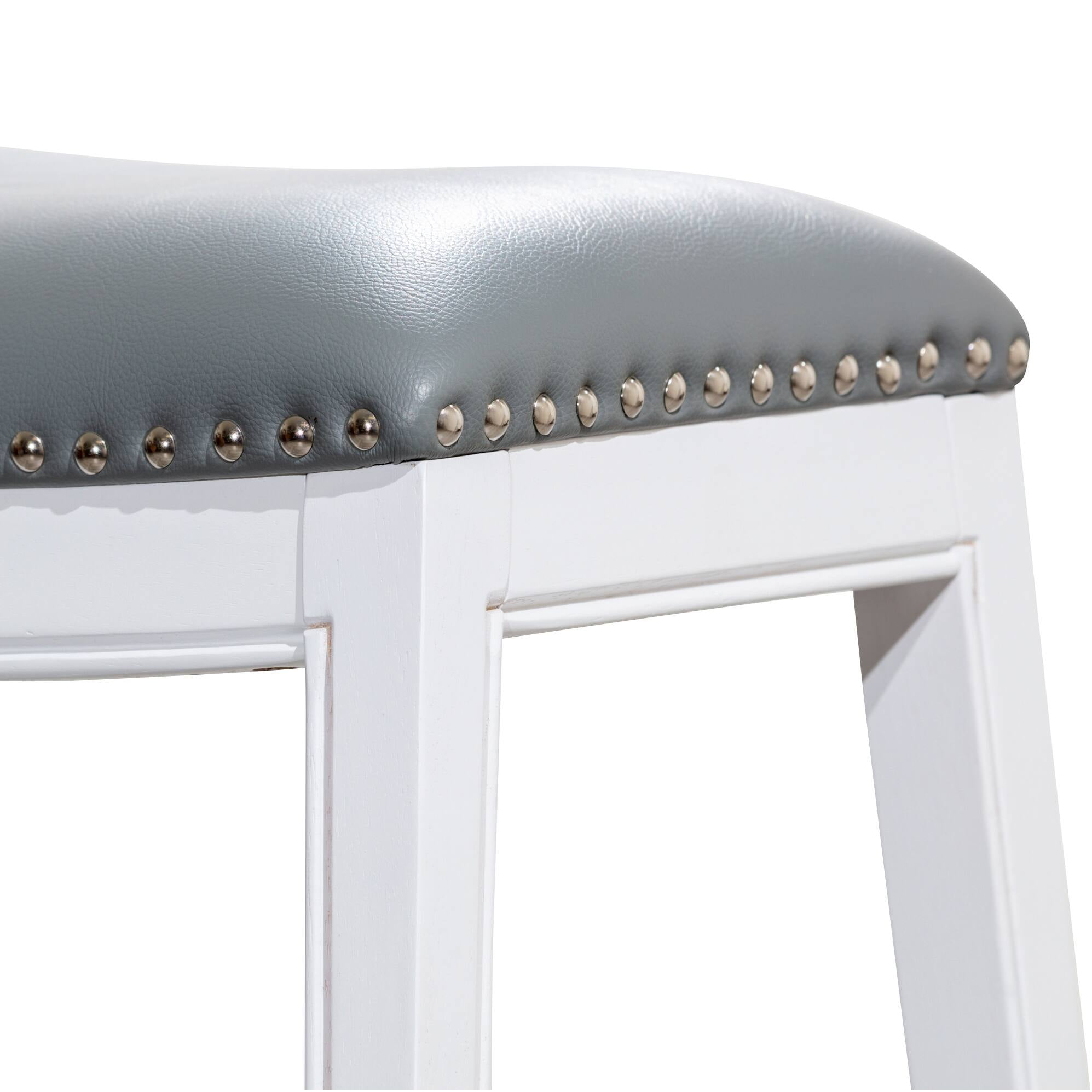 White Wood Bar Stool with Gray Leather Seat