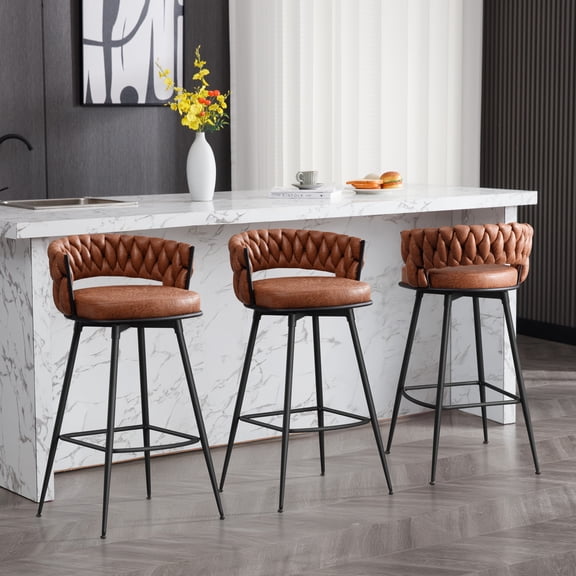 30" Bar Stools Set of 3, 180 Swivel Counter Height Barstools with Woven Back and Footrest, Upholstered Bar Chairs for Kitchen Island, Cafe, Pub, Bar Counter, Whiskeybrown