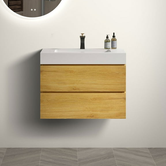 30" Bathroom Cabinet,Bathroom Vanity with Sink, Large Storage Wall Mounted Floating,One-Piece  Sink Basin,Oak