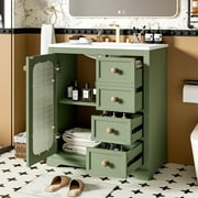 30'' Bathroom Cabinet with Ceramic Sink, Bathroom Vanity with 3 Drawers & 1 Glass Door, Floor-Standing Vanity Cabinet with Adjustable Shelf & Golden Round Metal Handles, Green