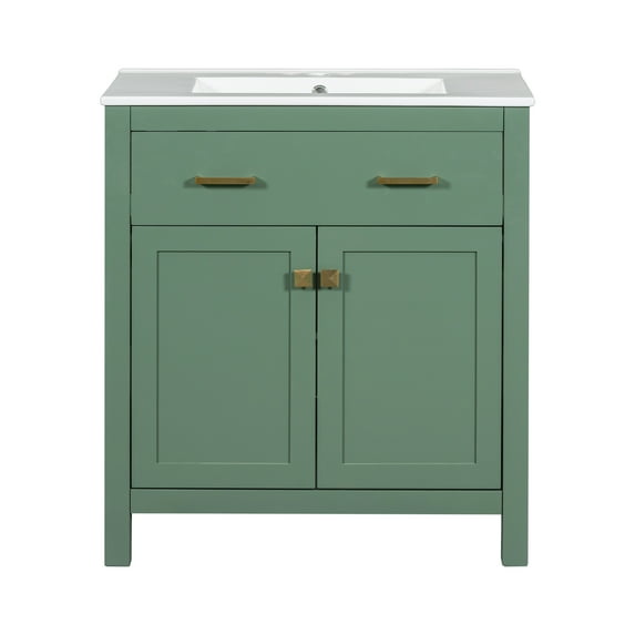 30" Bathroom Cabinet With Ceramic Sink, Solid Wood Frame Bathroom Vanity With Flip-out Drawer, Modern Storage Cabinet With 2 Soft-Close Doors, Shelf
