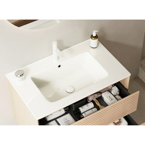 30" Bathroom Sink with White Basin | Stain - resistant for Bathroom Use | Glossy Ceramic Finish | Curved Corner Design for Streamlined Appearance