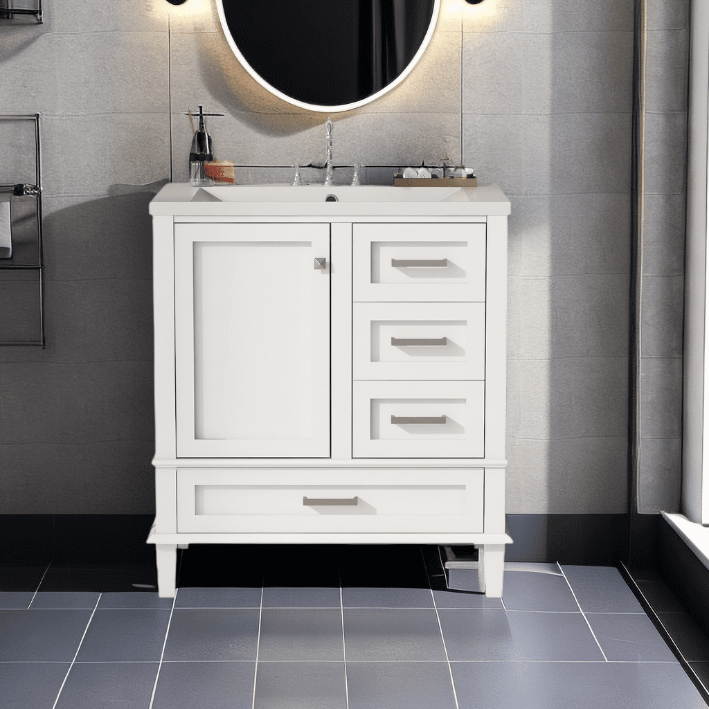 30" Bathroom Vanity With Sink – Modern Grey Storage Cabinet With Soft-Closing Door & 3 Drawers, Solid Wood Frame, Ceramic Top For Small & Medium Bathrooms