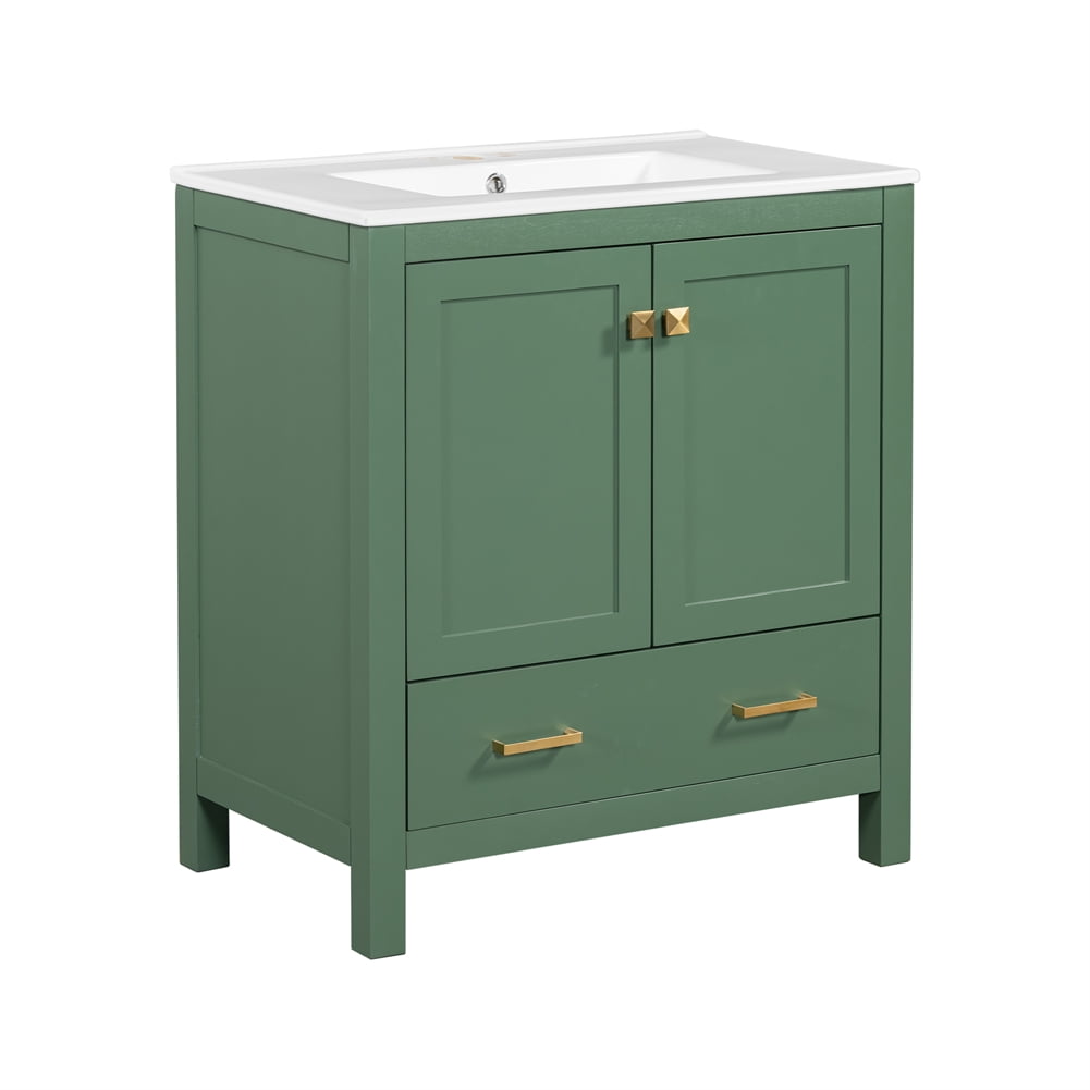 30" Bathroom Vanities With Ceramic Sink Combo Set, Modern Undermount Bathroom Sink Cabinet With Soft Closing Door And Drawer,Sol idWood Frame