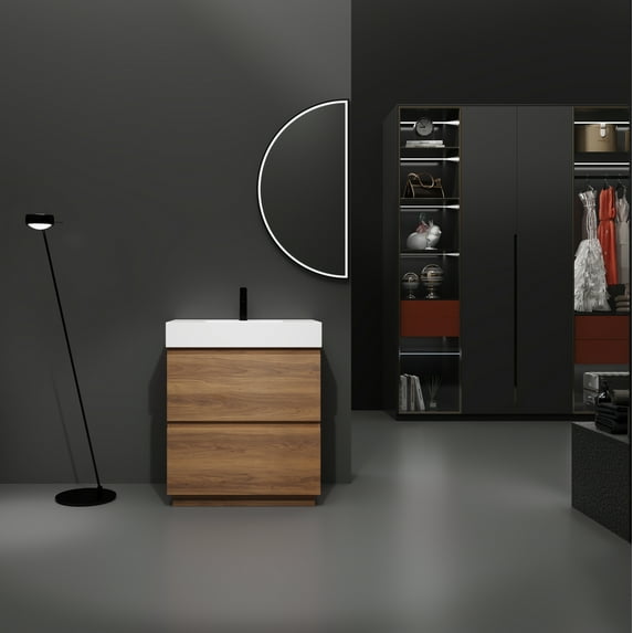 30" Bathroom Vanities with Single Sink Combo, Modern Undermount Bathroom Sink Cabinet with Double drawer, Freestanding Bathroom Sink Cabinet, Brown