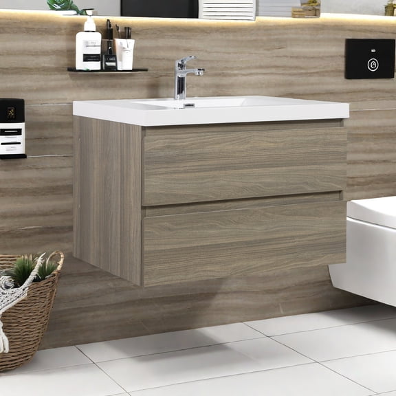 30" Bathroom Vanities with Sink Combo, Wall Mounted Floating Cabinet W/Resin Top Basin, Soft-Close System, Ash Grey